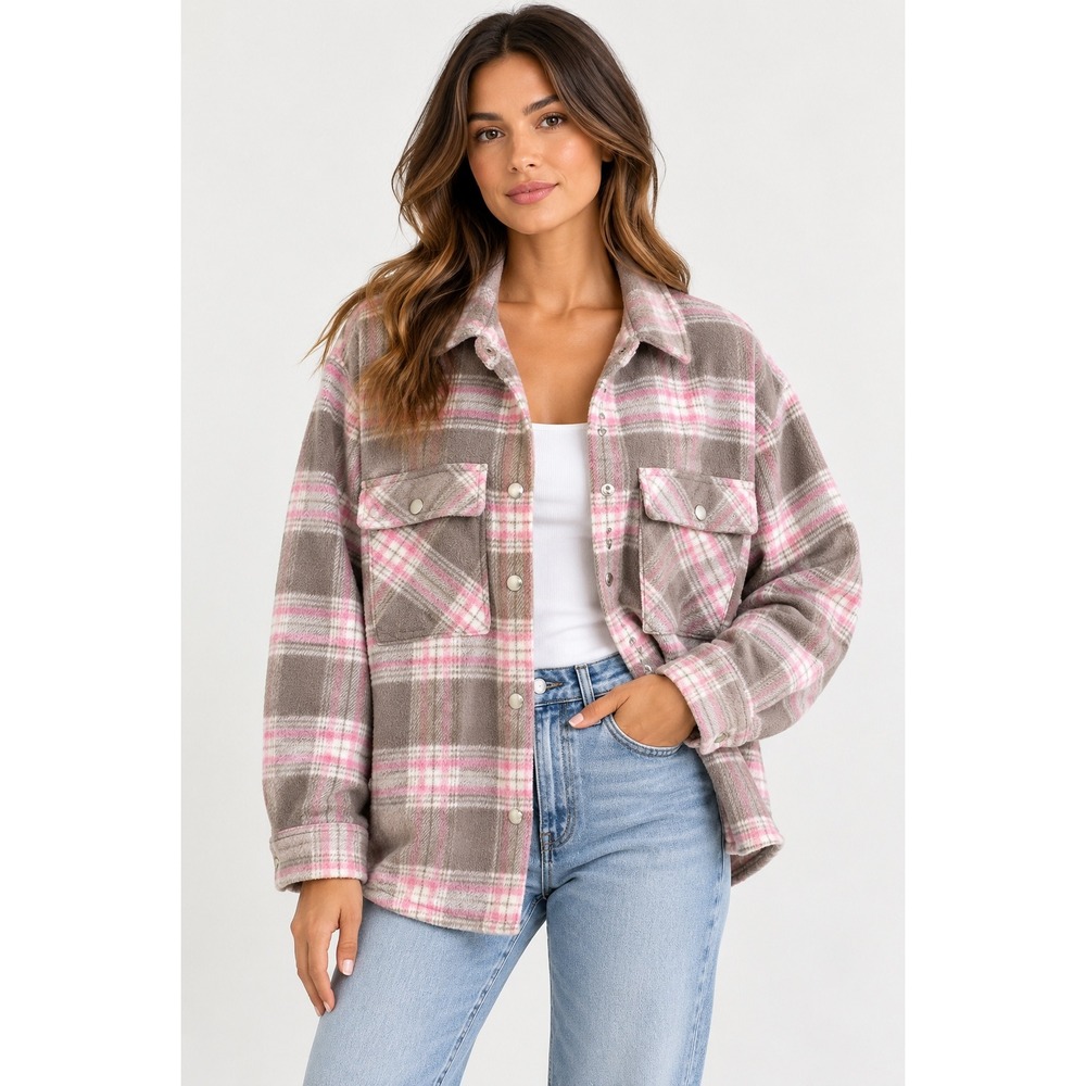 BlankNYC Women Plaid Shacket Taupe Pink Fleece Snap Button Shirt Jacket Medium